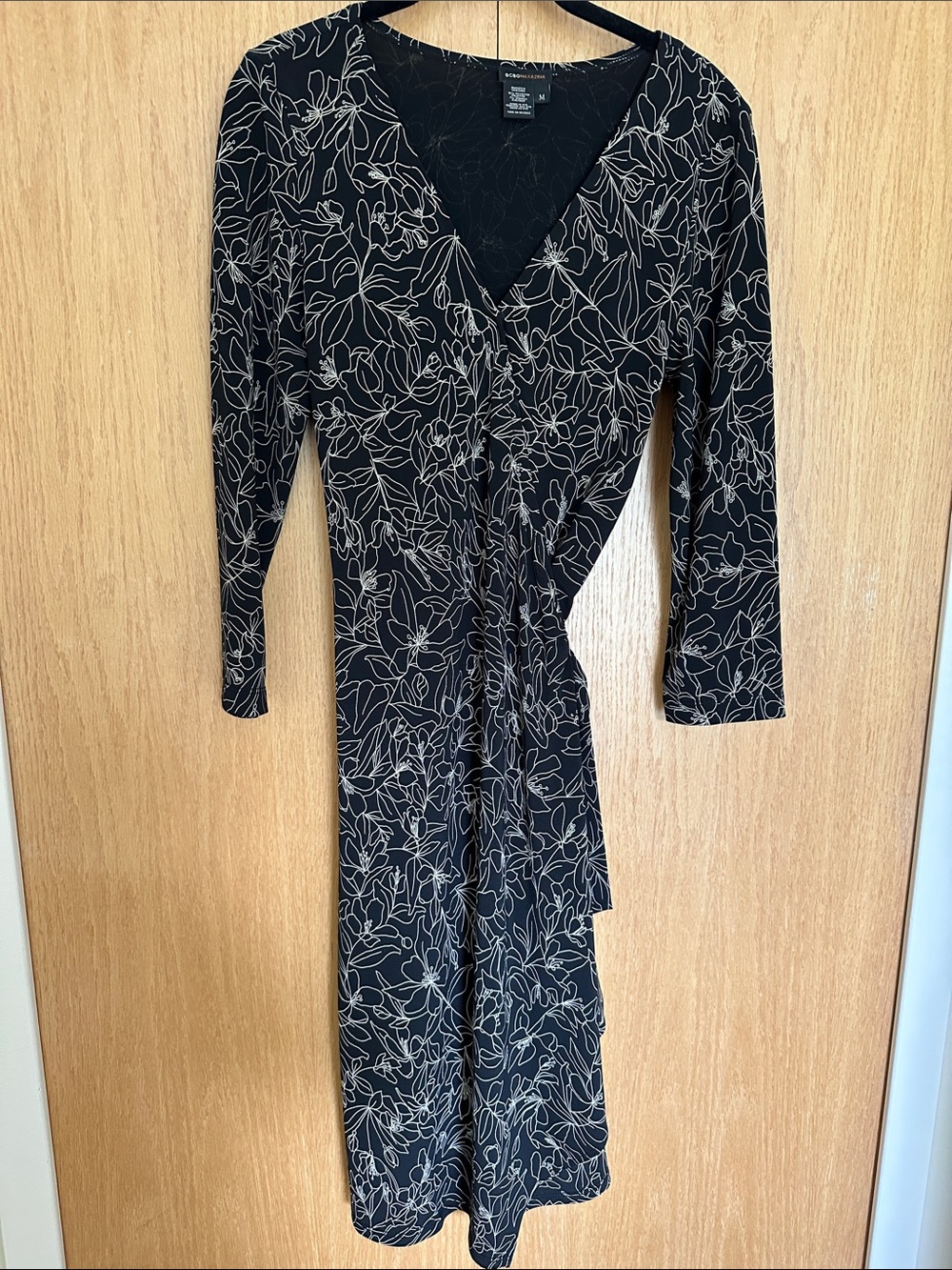 BCBG Black and Ivory Long-Sleeve Floral Wrap Dress NWOT